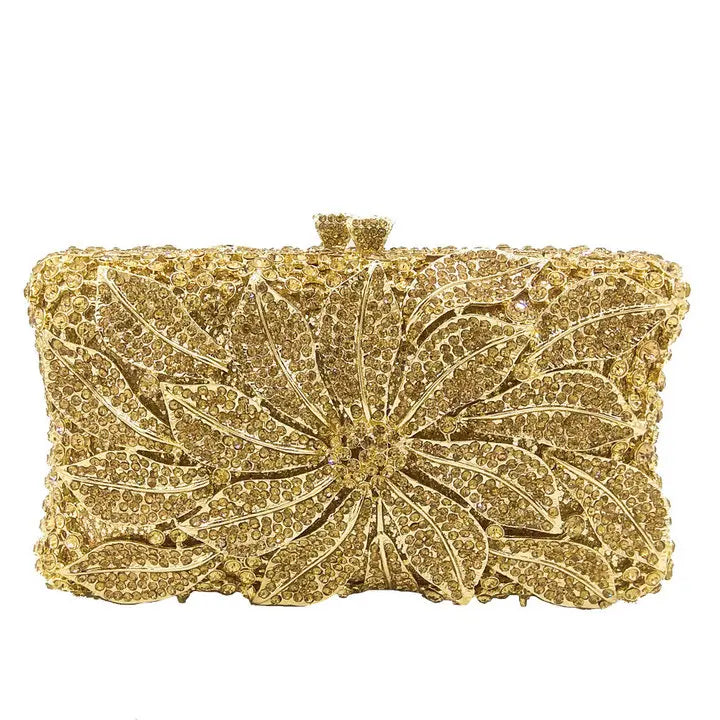 Bolsa clutch de cristal feminina, bolsa minaudiere elegante de metal com capa rígida, bolsa de mão para casamento ou para flores