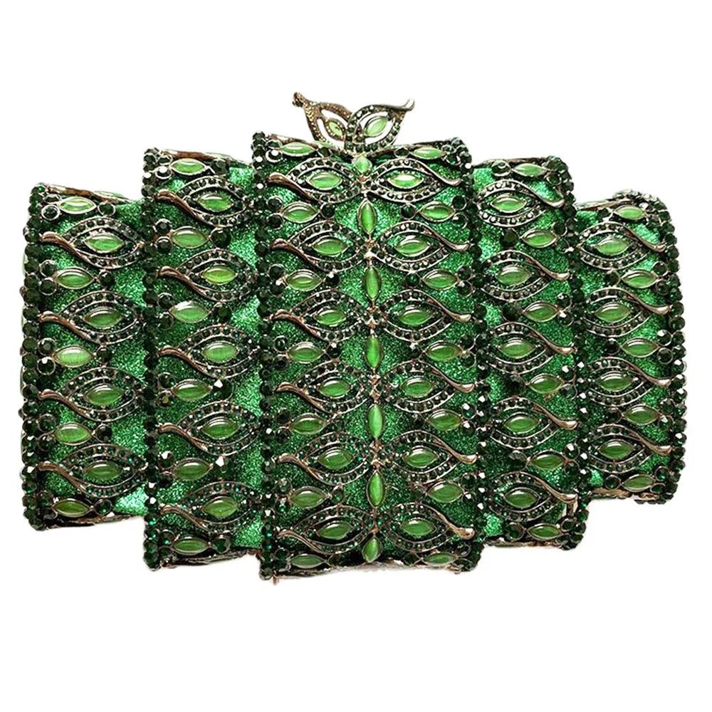 Embreagem noite de cristal de tamanho grande para mulheres, saco do telefone, diamante luxuoso, bolsa do casamento, strass verde, bolsa de ombro da senhora